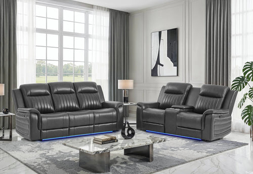 U8879 Charcoal Pwr Rec Sofa/Pwr Con Rec Loveseat W/LED & Gl Ss