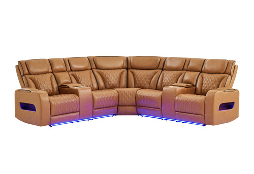 U8611 Camel Sectional with Power Headrest, Continuous LED and Speaker
