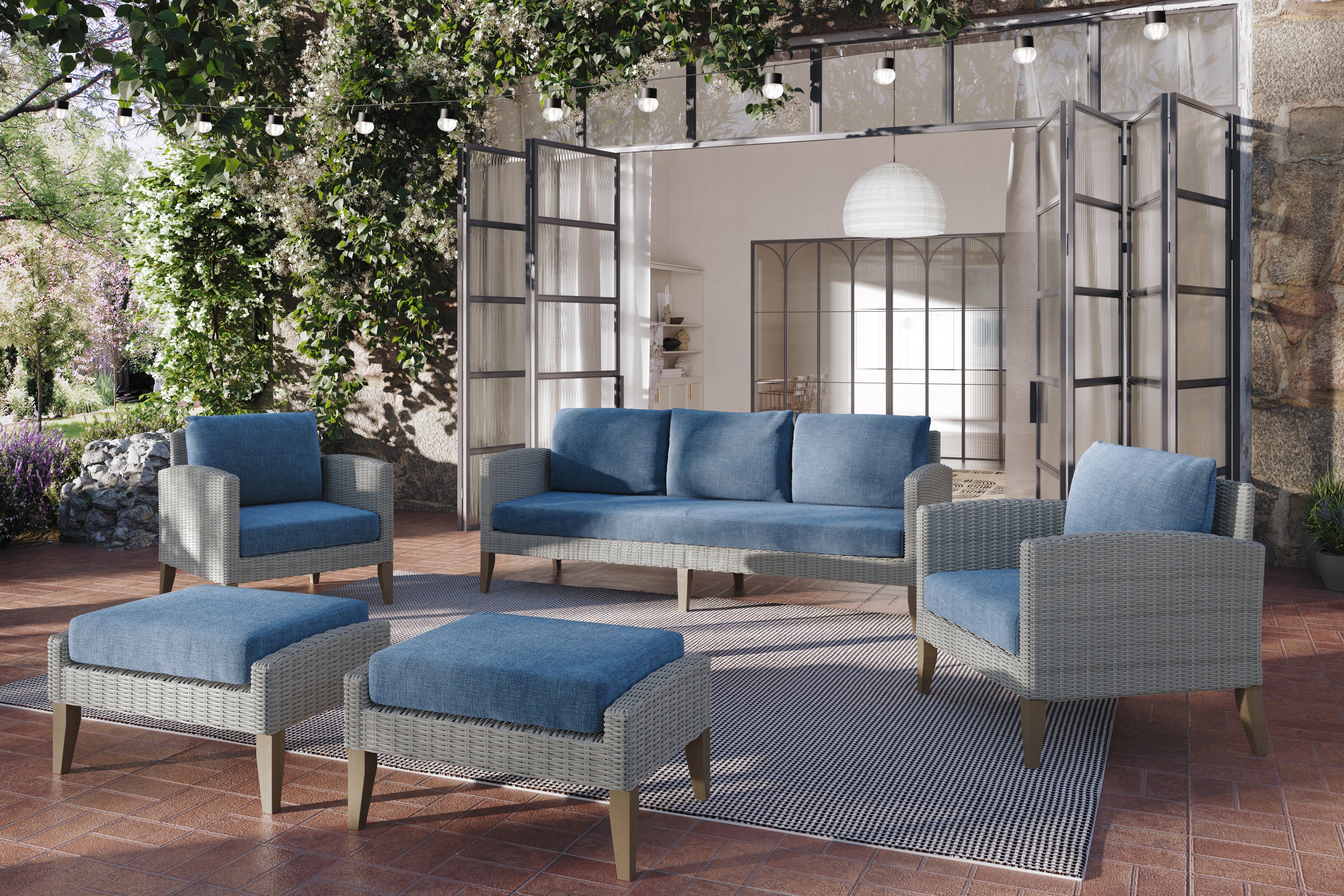 Carezza 5 Pc Set - Sofa, 2 Club Chairs, 2 Stools-Dark Blue
